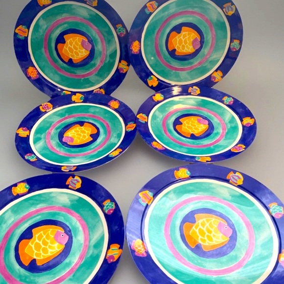 Vintage Gibson DINNER PLATES 11" Blue Fish‎ Melamine Casual Nautical Set 6 - Picture 1 of 16